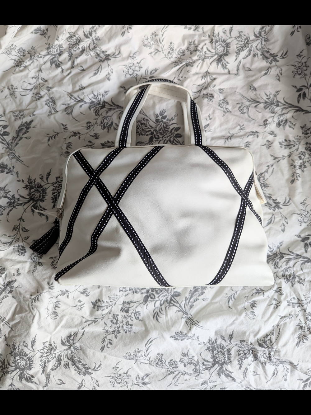 Lancome White Tote with Black Ribbon-Style Straps